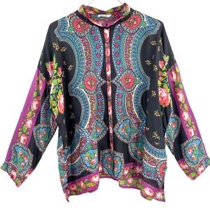 Johnny Was Rose Spark Seline 100% Silk Print Top Blouse Shirt XL Floral Boho